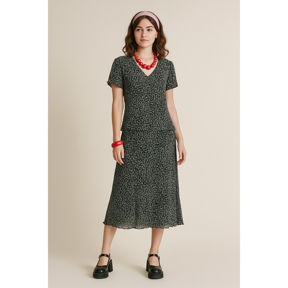 Studio 1940 Black White Crinkle Midi‎ Dress Drop Waist Lettuce Hem Vintage 90s